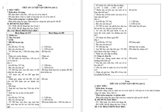 Giáo án Toán 2 Bài 54: Luyện tập chung