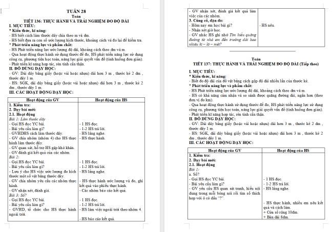 Giáo án Toán 2 Bài 57: Thực hành và trải nghiệm đo độ dài