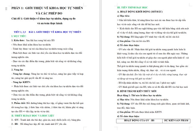 Giáo án KHTN 6 Bài 1: Giới thiệu về khoa học tự nhiên