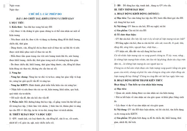 Giáo án KHTN 6 Bài 3: Đo chiều dài, khối lượng và thời gian