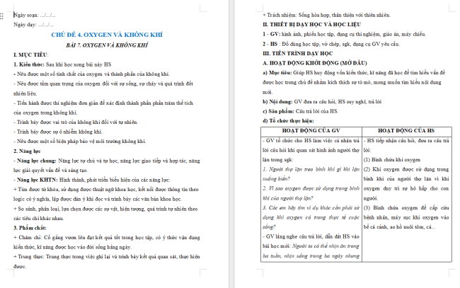 Giáo án KHTN 6 Bài 7: Oxygen và không khí