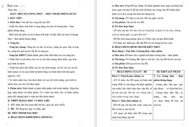 Giáo án KHTN 6 Bài 9: Một số lương thực - thực phẩm thông dụng