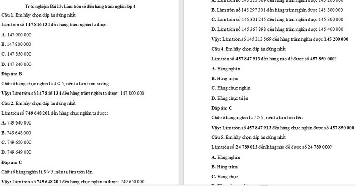 Trắc nghiệm Toán 4 Kết nối tri thức Bài 13: Làm tròn số đến hàng trăm nghìn