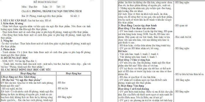 Giáo án Đạo đức 1 Phòng, tránh ngộ độc thực phẩm