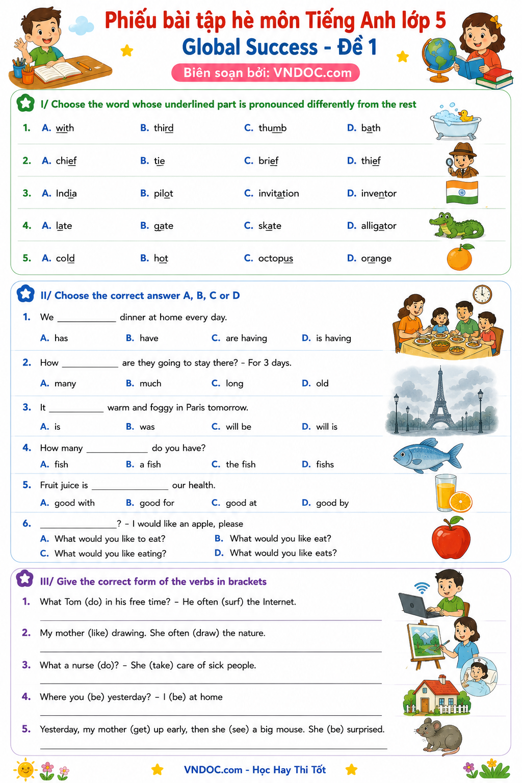 Phiếu bài tập hè môn Tiếng Anh lớp 5 Global Success - Đề 1