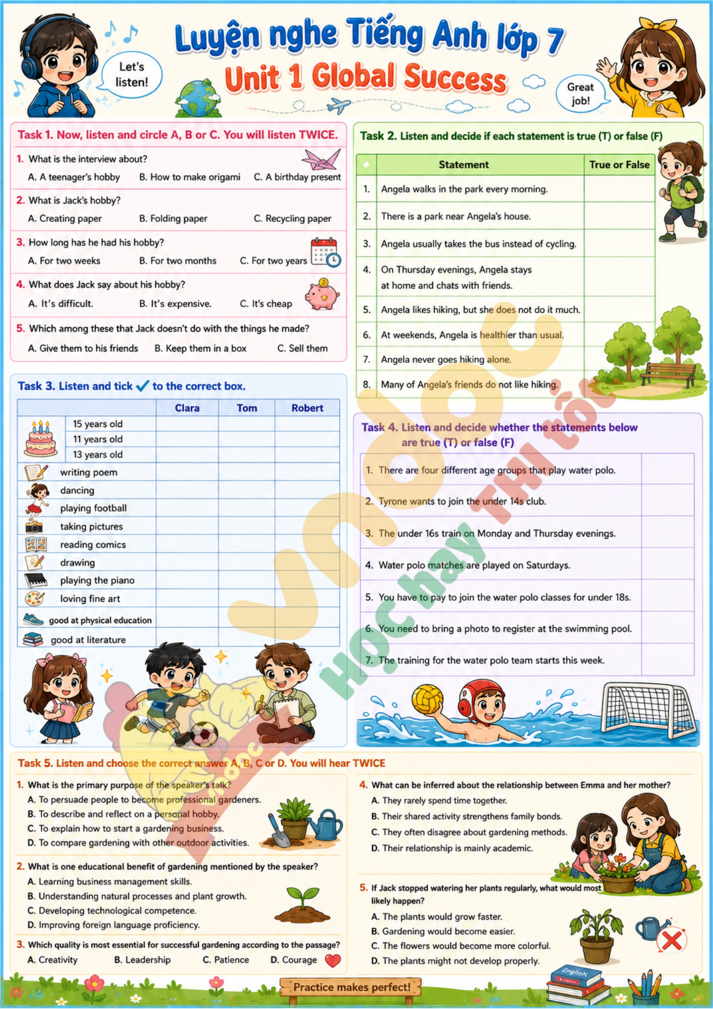 Phiếu luyện nghe Unit 1 lớp 7